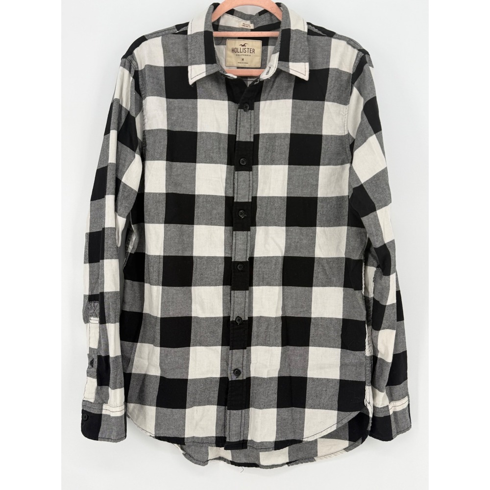 Hollister Mens Longline Fit Buffalo Plaid Flannel Shirt Black White Medium